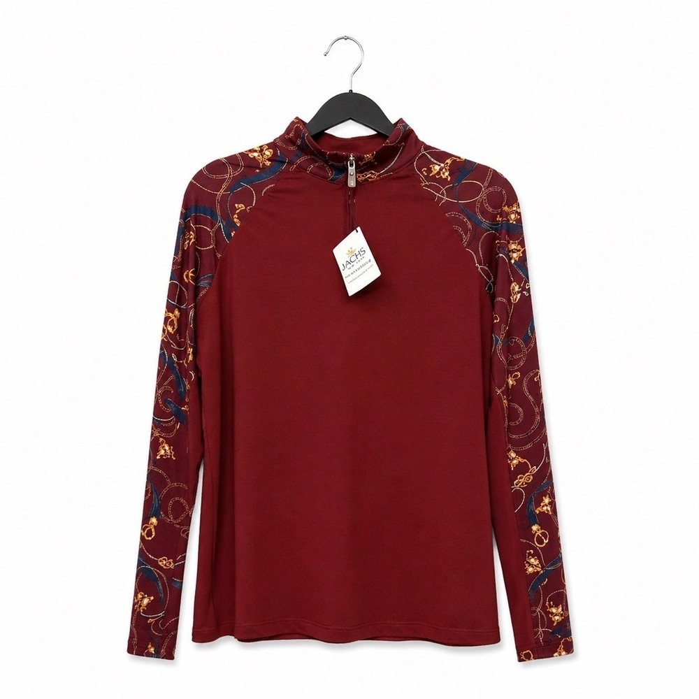 NWT Kastel Denmark Maroon Sleeve Mock Neck L Blouse Chain Pattern Equestrian UV